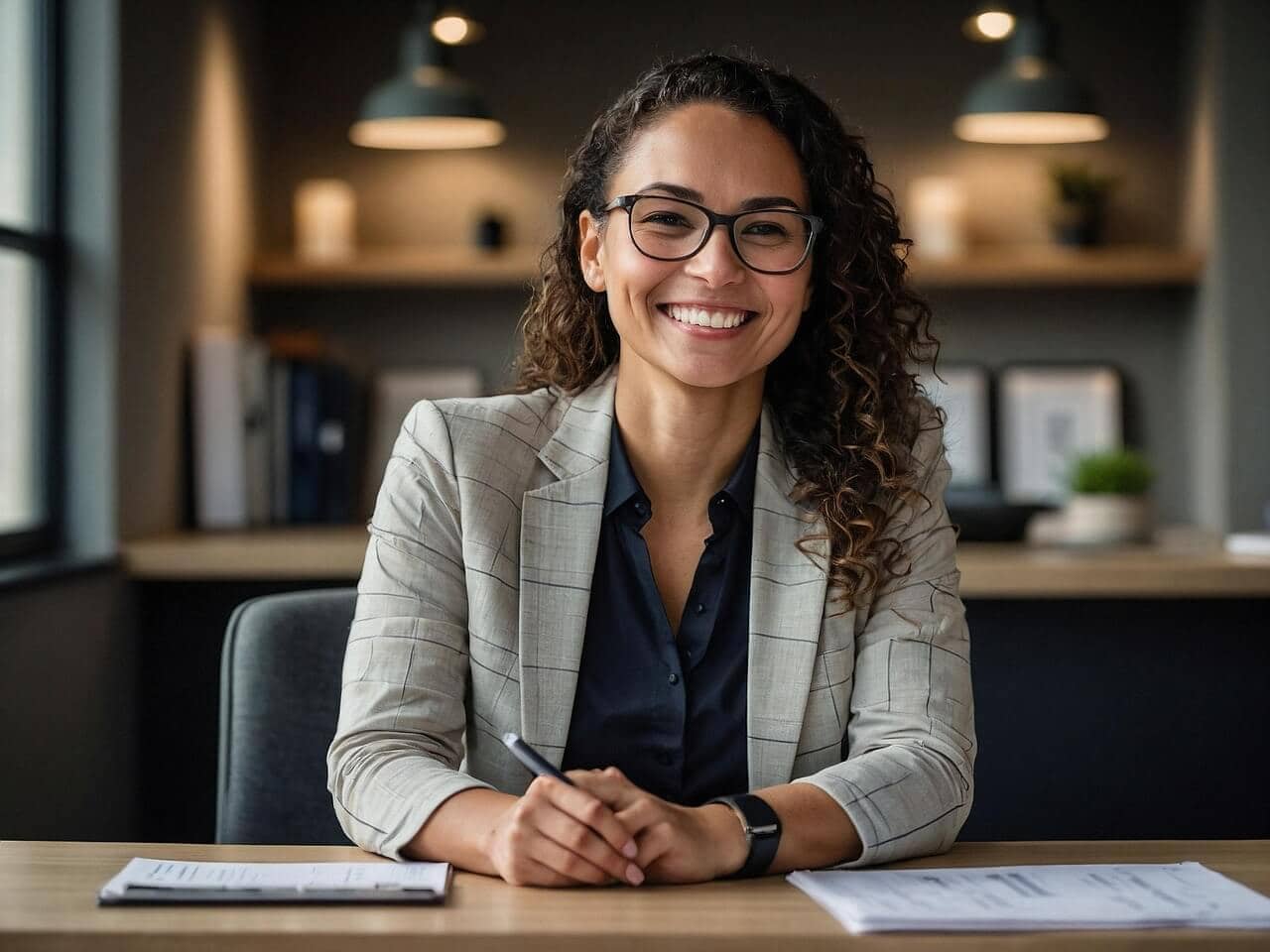 Professional woman in office smiling at camera, accounting, finance, business, accounting services, beyond the bottom line accounting, corporate, accounting professional.